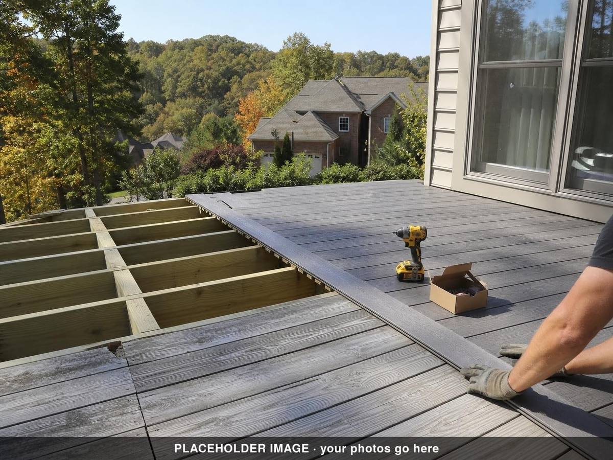 Composite deck partly resurfaced over open pressure-treated joists, drill resting on the boards (placeholder image)